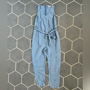 The Nines by HATCH Blue and White Striped Sleeveless Jumpsuit with Tie Waist